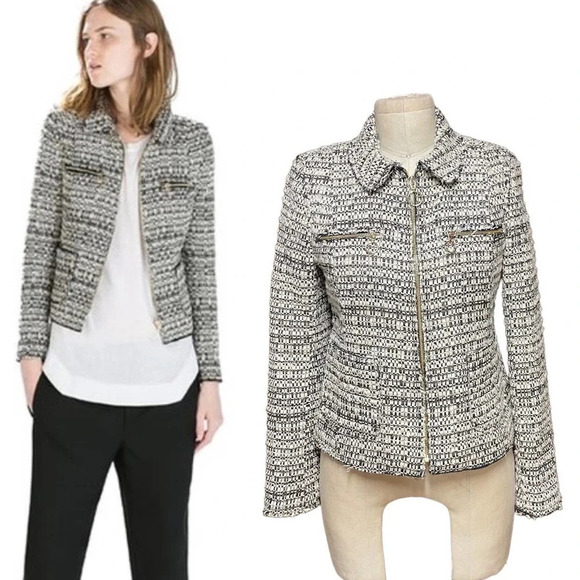 Zara‎ Short Zipped Tweed Jacket Blazer Cream Black Size Small - Picture 1 of 13